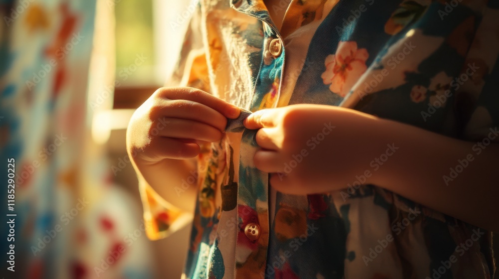 Fototapeta premium Little Hands, Big Moments: A close-up image of a child's small hands carefully buttoning a floral patterned shirt, capturing the innocence and simplicity of childhood.