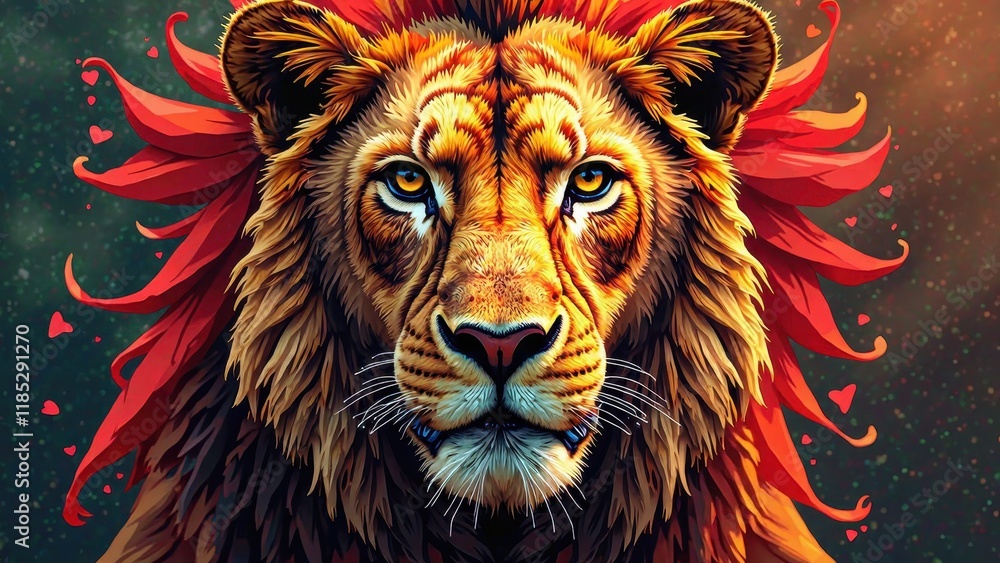 Fototapeta premium A majestic close-up of a lion's regal face, set against a mysterious dark green backdrop with twinkling stars, surrounded by two vibrant red hearts beating for this king of beasts