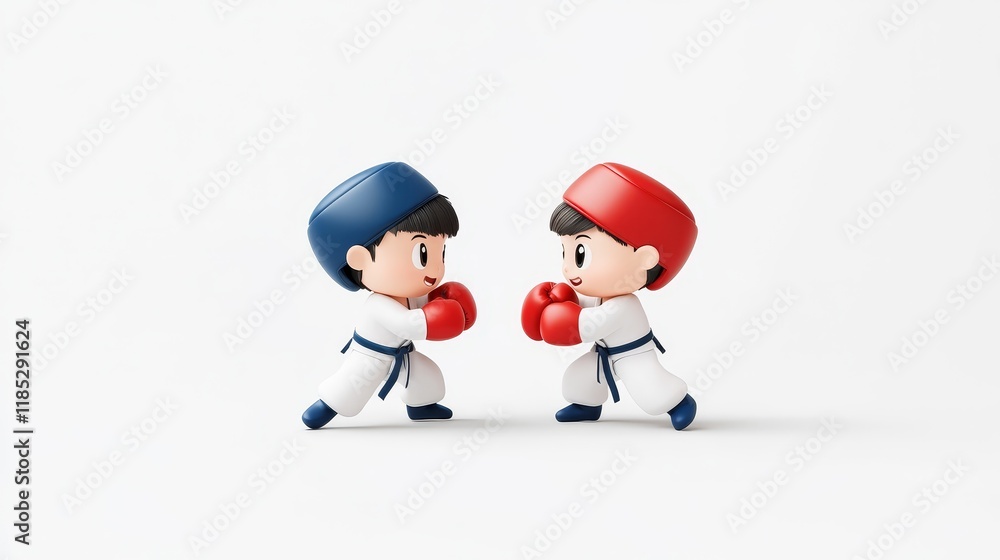 Cute Cartoon Characters Engaged in a Playful Karate Sparring Match for Kids' Sports and Fitness Promotions in a Fun and Cheerful Style Cute Cartoon Characters Engaged in a Playful Karate Sparring Match for Kids' Sports and Fitness Promotions in a Fun and Cheerful Style