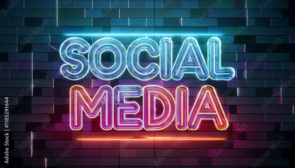 インターネット上のコミュニケーションツール、social mediaの英語のフレーズ文字が書かれたネオン文字。 aiで生成 インターネット上のコミュニケーションツール、social mediaの英語のフレーズ文字が書かれたネオン文字。 aiで生成