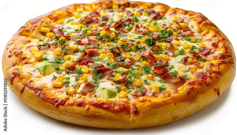 A delicious pizza with corn, bacon, and cheese on a white background. A delicious pizza with corn, bacon, and cheese on a white background.