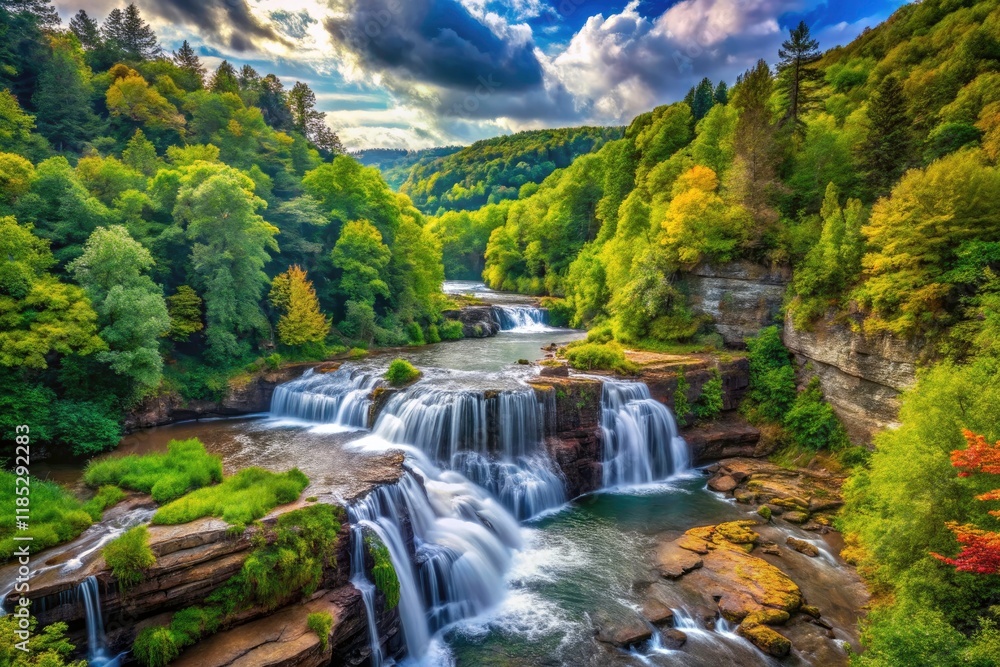 Fototapeta premium Panoramic Whitewater Creek Reserve: Stunning Nature Photography, Breathtaking Scenery, Wild River, Lush Forest, Cascade, Waterfall, Hiking Trail