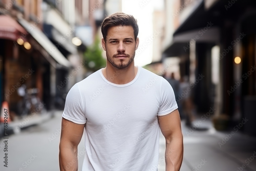 Portrait of a handsome young man wearing white t-shirt in the city Portrait of a handsome young man wearing white t-shirt in the city