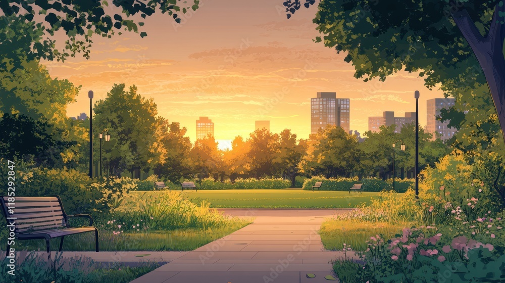Serene sunset over city park with bench. Serene sunset over city park with bench.