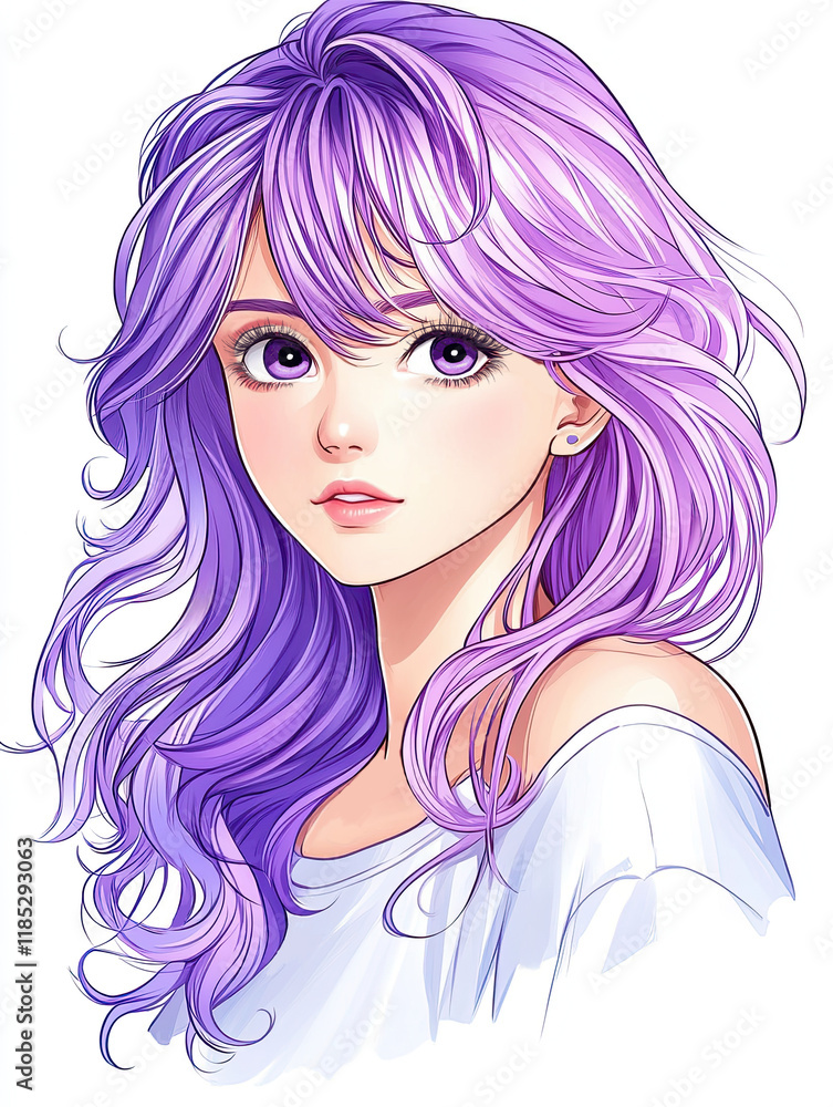 Young anime girl portrait in purple with long layered hair Young anime girl portrait in purple with long layered hair