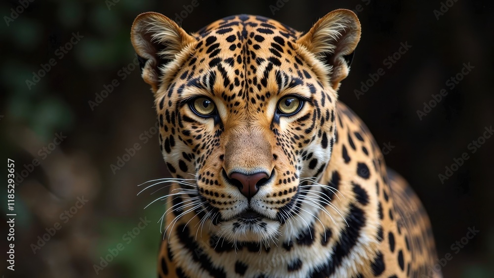 Obraz premium A piercing gaze from a majestic leopard's face, set against a dark backdrop, with eyes locked intensely onto the viewer