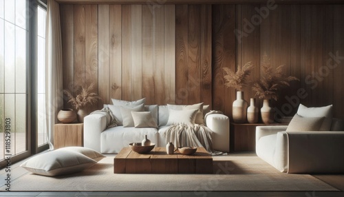 Wallpaper Mural Modern minimalist living room, large windows, natural light, wooden wall panels, concrete accent wall, neutral color palette, white sofa, wooden armchairs, round coffee table, beige rug, ceramic vases Torontodigital.ca