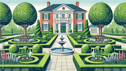 A formal front garden with perfectly symmetrical designs, featuring evenly trimmed boxwood hedges, a central water fountain, and neatly arranged flower beds, creating an elegant entryway for a stately