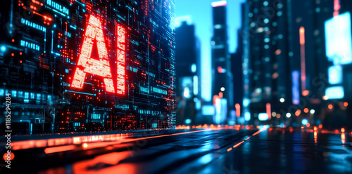 Futuristic AI Technology, Glowing Red Letters Billboard in Neon City
