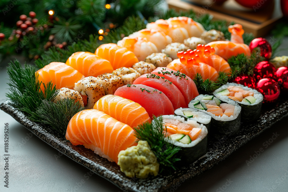 A festive sushi platter with assorted nigiri and rolls, decorated with Christmas ornaments and greenery A festive sushi platter with assorted nigiri and rolls, decorated with Christmas ornaments and greenery