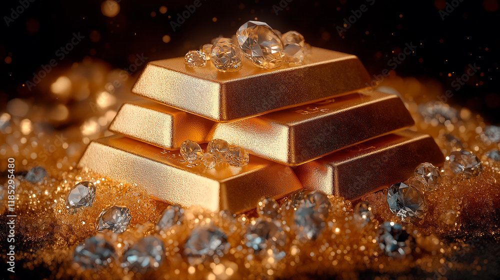 Stack of gold bars and scattered diamonds on velvet in secure vault background Stack of gold bars and scattered diamonds on velvet in secure vault background