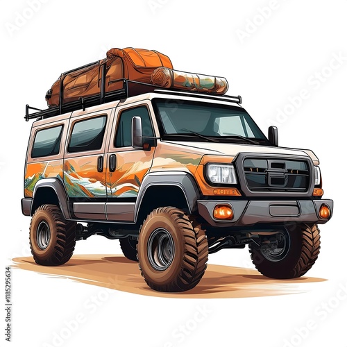 Bold graphic art of an off road vehicle ready for adventure with expedition gear and gear on top. Generative AI photo