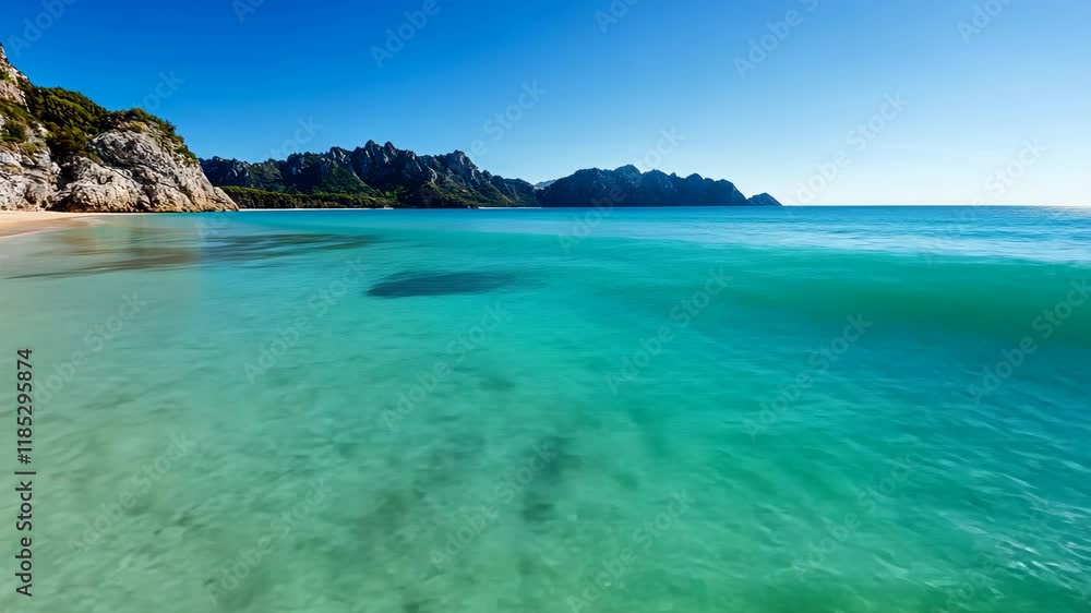Serene Beach Landscape Clear Turquoise Water, Majestic Mountains, and Natures Beauty Serene Beach Landscape Clear Turquoise Water, Majestic Mountains, and Natures Beauty
