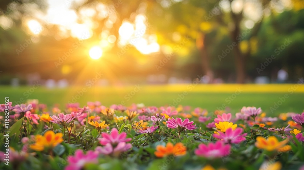 Obraz premium Vibrant Flowers in a Summer Garden at Sunset