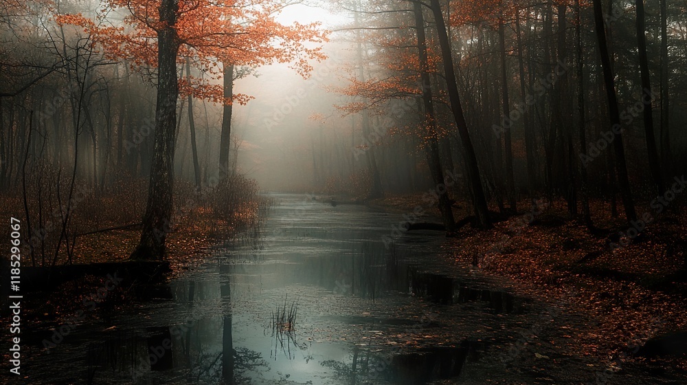 Naklejka premium Misty Autumn Forest Path, Scenic Nature Photography