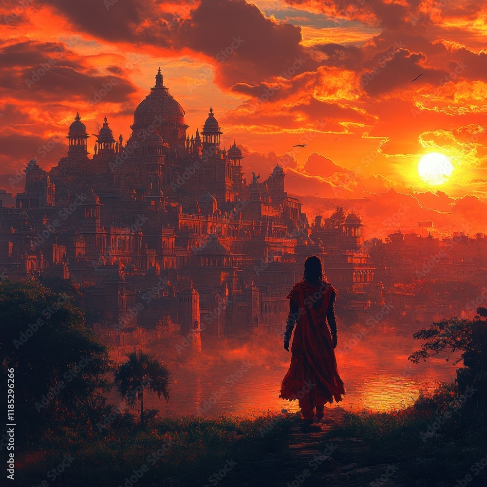 Obraz premium Warrior, Sunset, City, Silhouette, Classical Indian Art, Majestic Architecture, Dramatic Backlighting, Young Fighter, Indian Culture, Heritage, Tradition