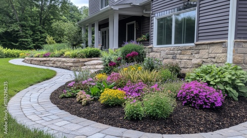 Landscaped Home with Colorful Flowerbeds and Stone Pathway