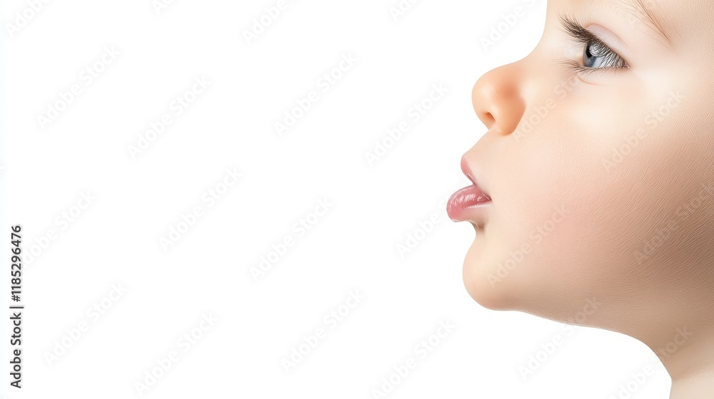 Profile of a Cute Baby with a Soft Expression and Bright Blue Eyes, Capturing Innocence and Curiosity in a Minimalist Setting with White Background Profile of a Cute Baby with a Soft Expression and Bright Blue Eyes, Capturing Innocence and Curiosity in a Minimalist Setting with White Background