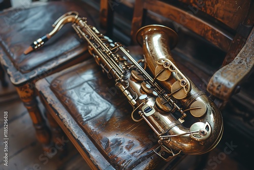 Vintage tenor saxophone rests on aged wooden chair.