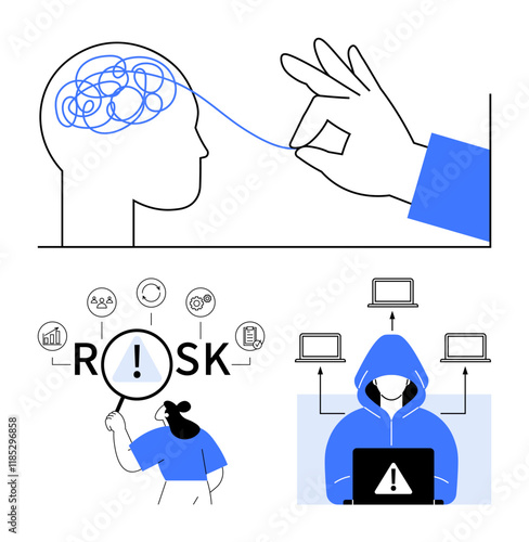 Hand unravels messy thoughts, investigator assesses risk factors, hacker connected to multiple devices. Ideal for problem-solving, decision-making, mental clarity, security awareness, analytics