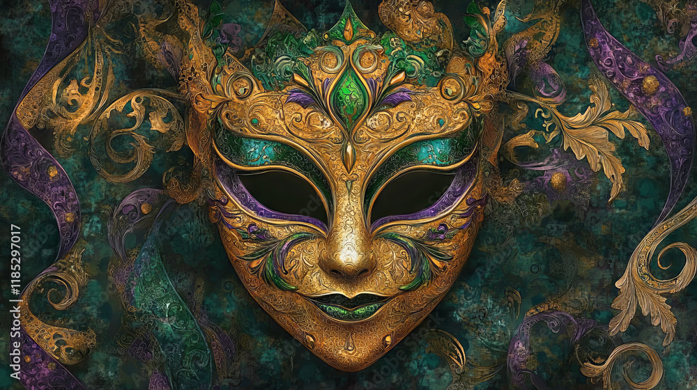 Golden Decorative Mardi Gras Mask with Intricate Patterns and Green Accents. Concept of Festive Celebration, Cultural Heritage Golden Decorative Mardi Gras Mask with Intricate Patterns and Green Accents. Concept of Festive Celebration, Cultural Heritage