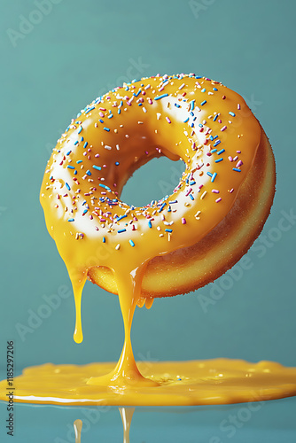 A vibrant donut with yellow icing and sprinkles, dripping onto a surface.
