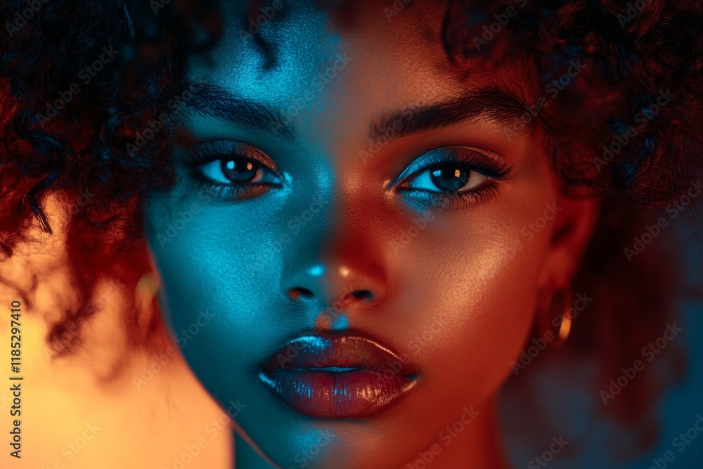 Obraz premium Short hairdo - curly hair. Commercial ad campaign pattern. Stunning calm black girl - for ads, marketing material and social media use. Black girl fashion icon. Woman with short hair.