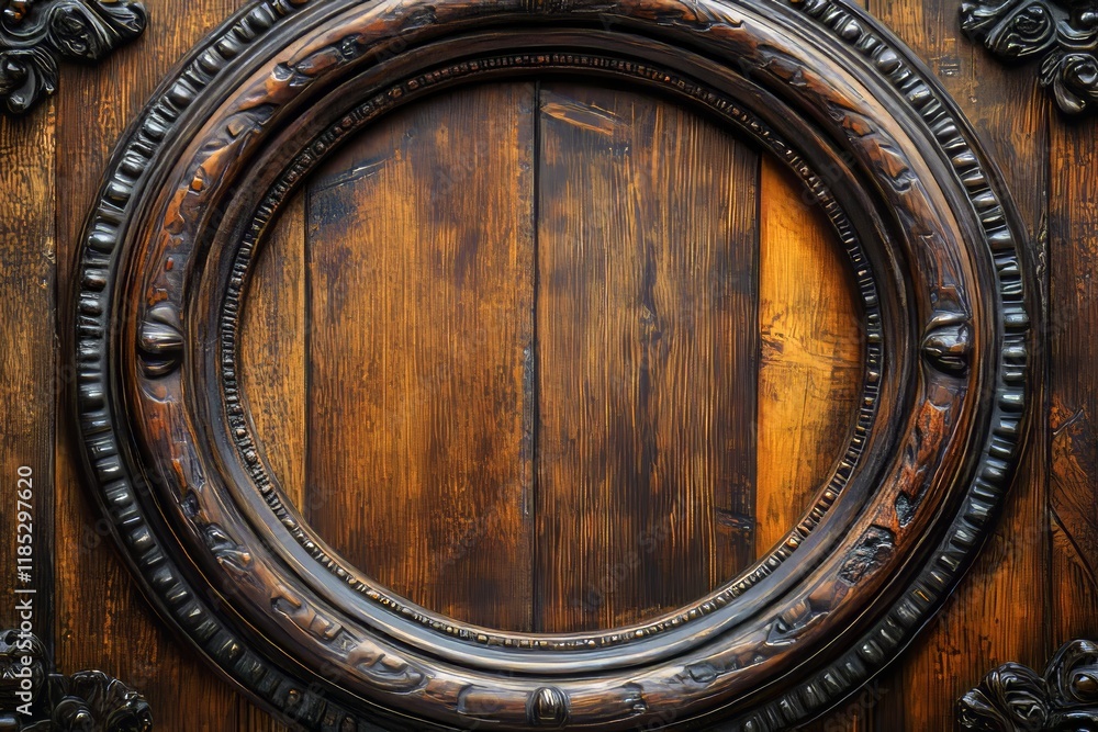 Obraz premium Round vintage wooden frame on rustic wooden background showing craftsmanship