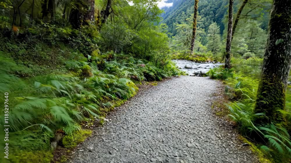 Serene Forest Trail Scenic Path Through Lush Greenery by Flowing River Serene Forest Trail Scenic Path Through Lush Greenery by Flowing River