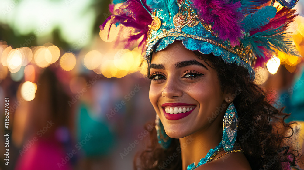 Fototapeta premium Festive Latina Woman in Bright Feathered Headpiece Celebrating Mardi Gras. Concept of Cultural Festival, Joyful Celebration. Copy space