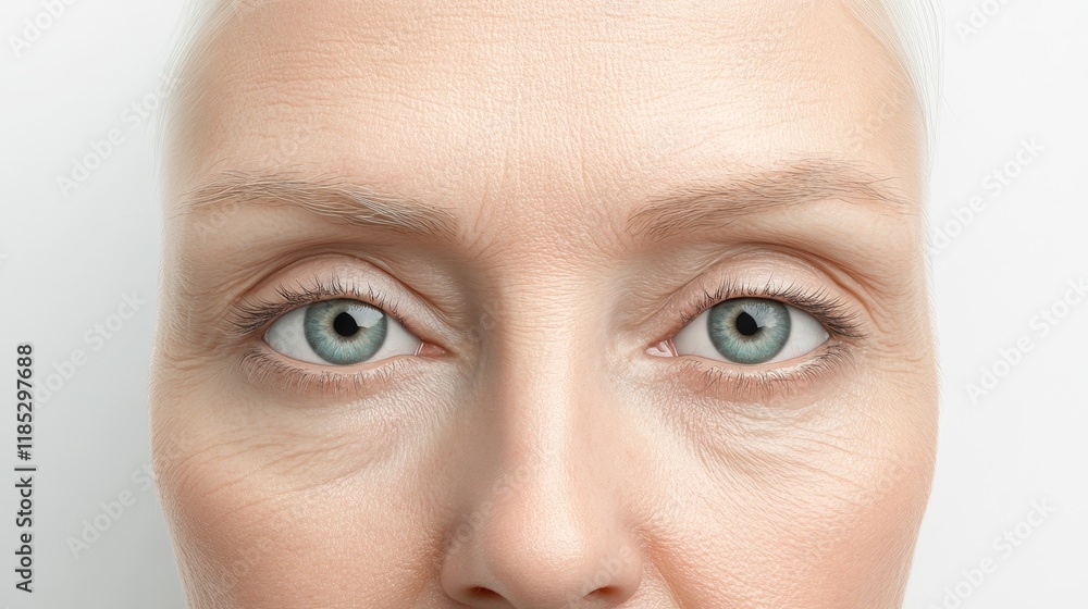Fototapeta premium Close-Up of a Woman's Face with Clear Blue Eyes Reflecting Emotion and Depth, Showcasing Natural Skin Texture and Subtle Aging Features in a Minimalist Style