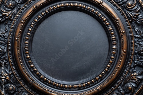 Round vintage frame with ornate floral design showing a black background