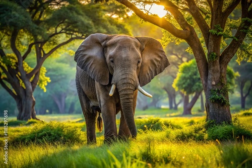 Majestic Elephant Grazing in Hlane Royal National Park, Swaziland - Wildlife Stock Photo photo