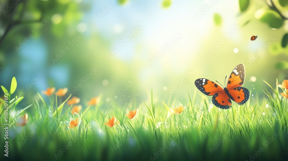 Butterfly in a Spring Meadow; Sunlight through Forest Butterfly in a Spring Meadow; Sunlight through Forest