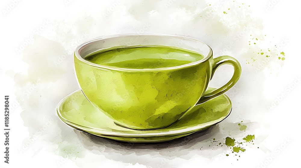 Watercolor Illustration of a Green Tea Cup and Saucer with Matcha Green Tea. Watercolor Illustration of a Green Tea Cup and Saucer with Matcha Green Tea.