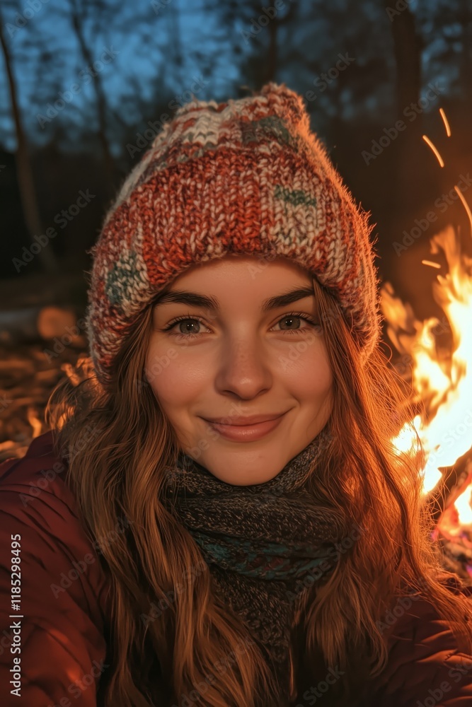 A happy woman taking a selfie at a campsite near the fire. Photo of a smiling woman camping to remember an unforgettable day. A happy woman taking a selfie at a campsite near the fire. Photo of a smiling woman camping to remember an unforgettable day.