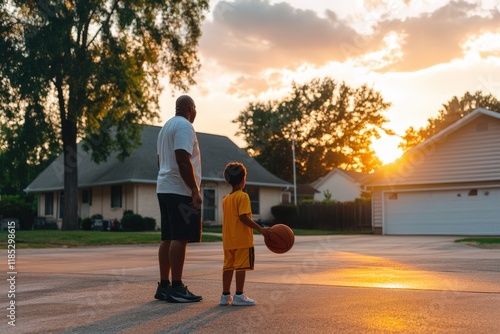 African american father and son playing basketball at sunset in suburban neighborhood