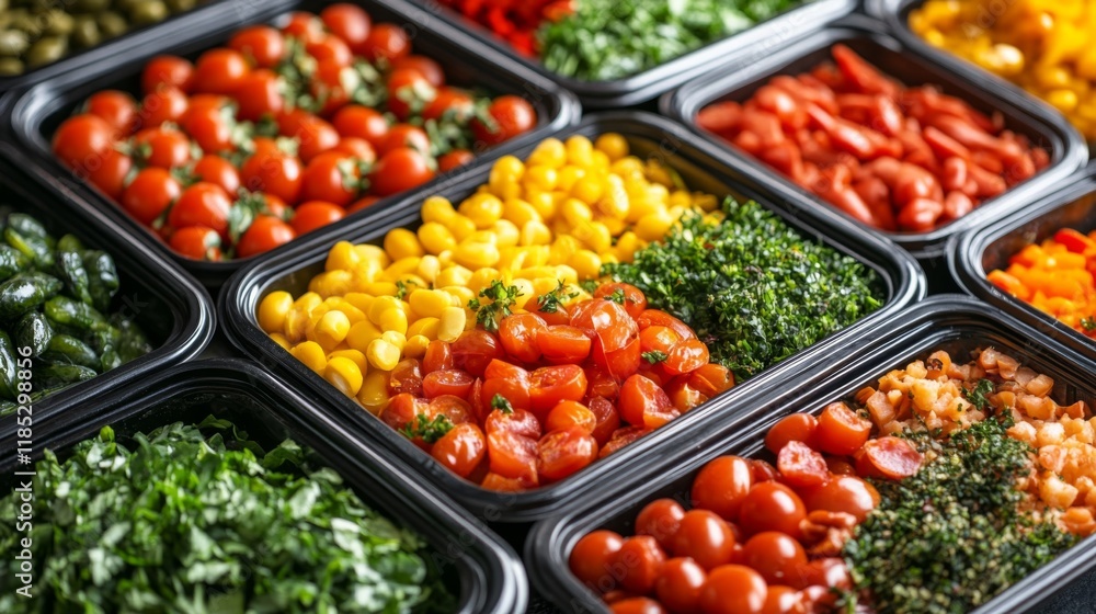 Assortment of fresh vegetables in black containers Assortment of fresh vegetables in black containers