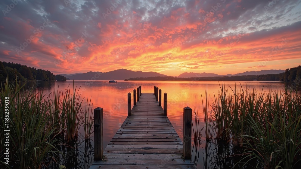 Fototapeta premium A serene lakeside scene with a weathered wooden pier stretching into crystal-clear waters, its sturdy vertical beams supporting the horizontal planks in a natural harmony