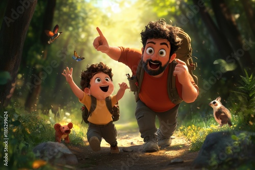 Animated adventure of father and son exploring enchanted forest with wildlife photo