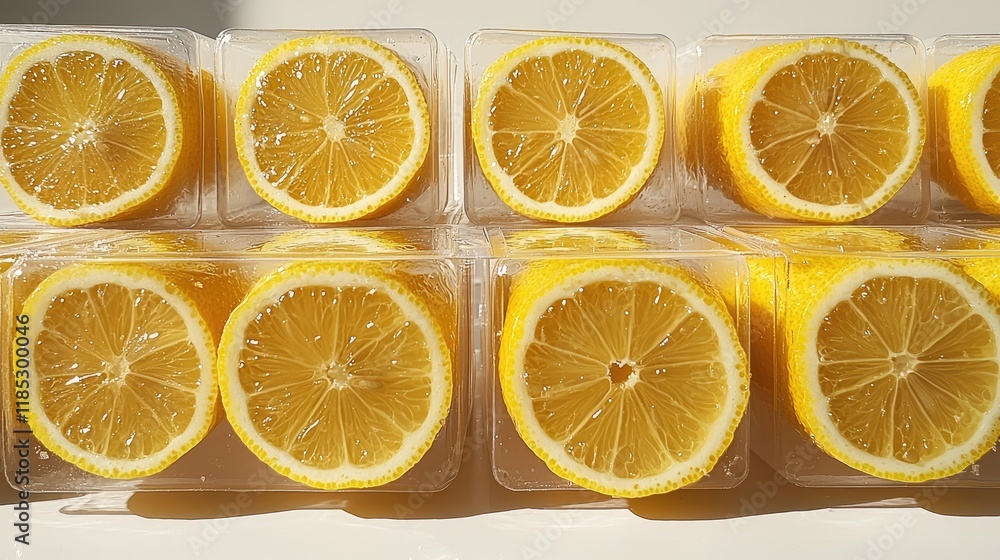 Obraz premium Sunlit Lemons: A Vibrant Still Life of Freshly Sliced Citrus Fruits in Clear Packaging, Close-Up Photography