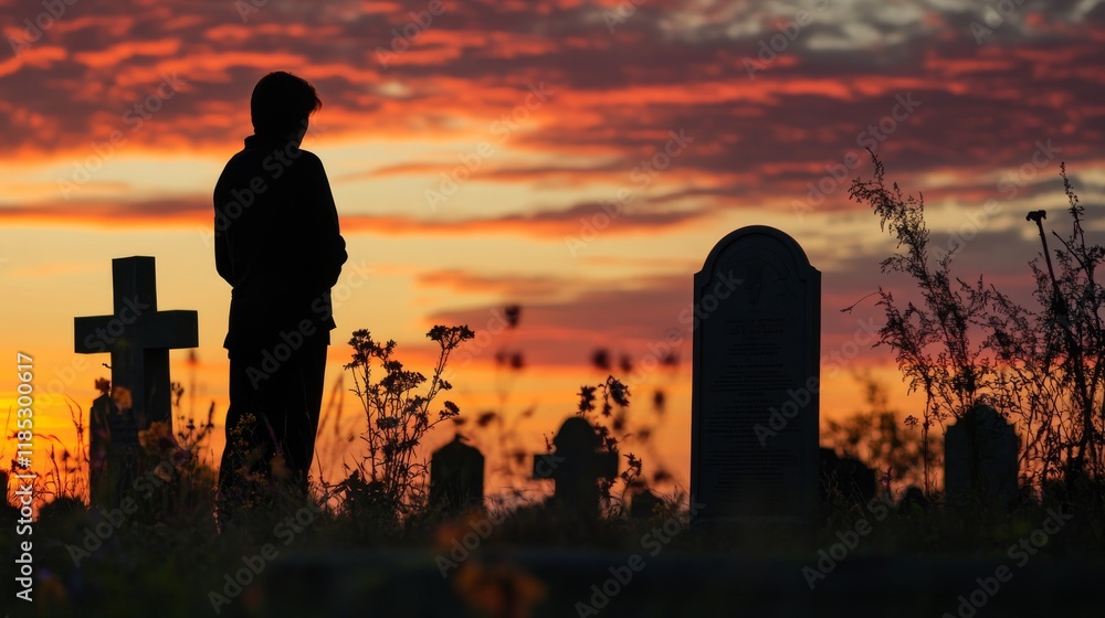 Fototapeta premium A silhouette of a person in a solitary moment praying in front of a tombstone. Silhouette of a person in a moment of pain and longing at sunset on a tombstone.