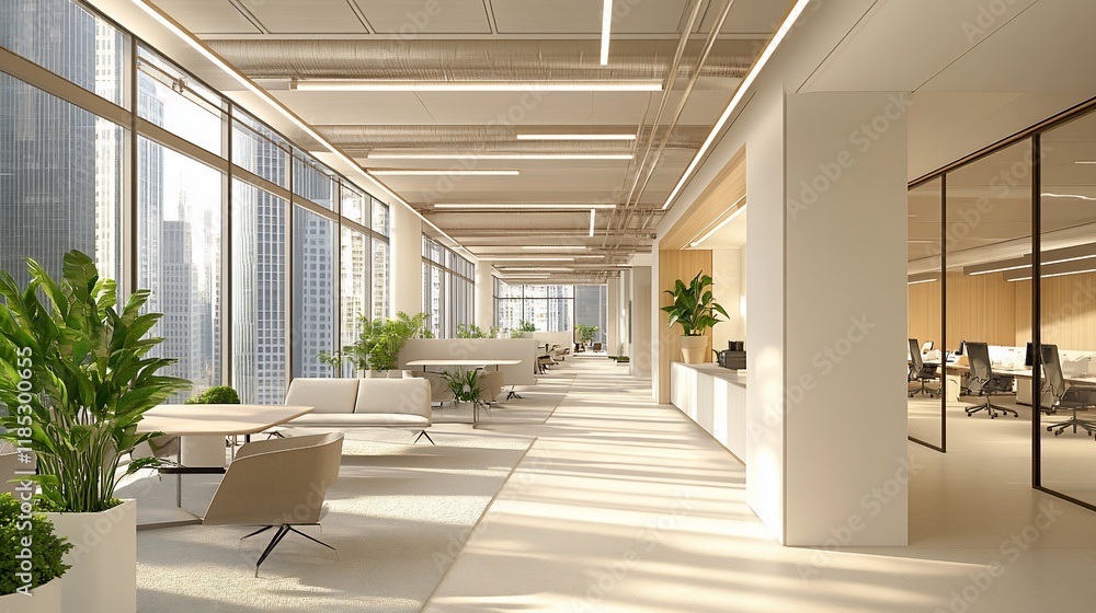 Modern Office Space Design: Sunlight Streaming Through Floor-to-Ceiling Windows Modern Office Space Design: Sunlight Streaming Through Floor-to-Ceiling Windows