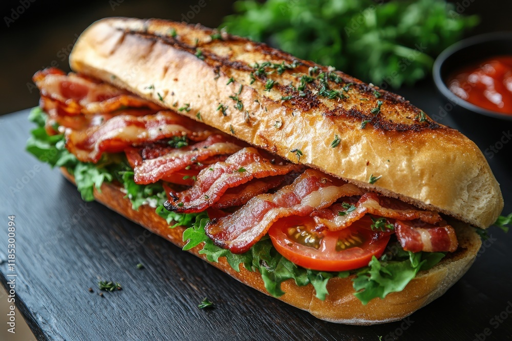 Gourmet Bacon Sandwich with Fresh Lettuce and Tomatoes on Wooden Table Gourmet Bacon Sandwich with Fresh Lettuce and Tomatoes on Wooden Table