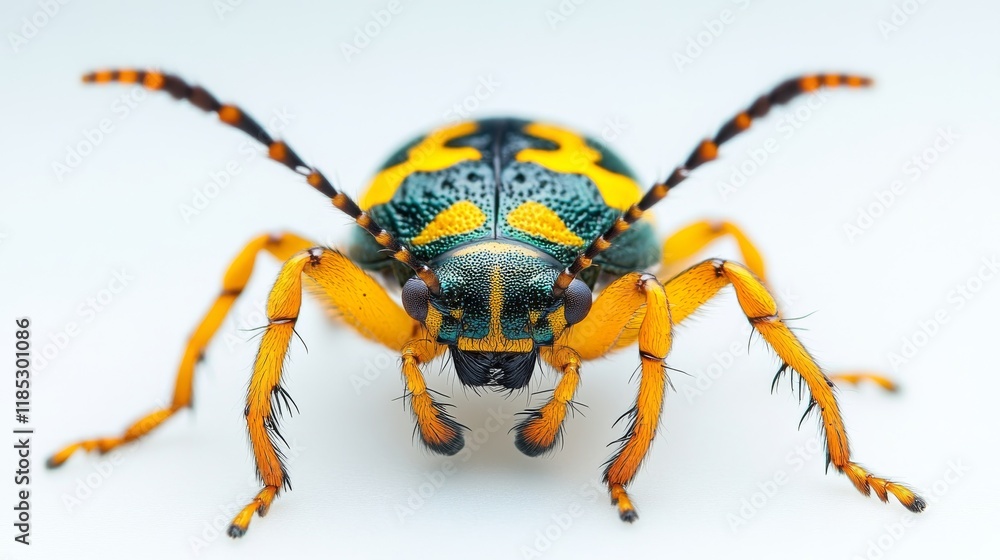 Naklejka premium Close-up of an isolated exotic beetle. Stunningly detailed beetle on a white background.