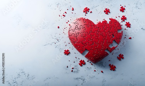Broken red heart puzzle pieces on a light background.