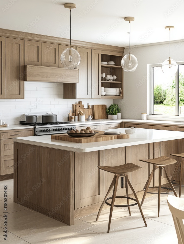 Modern Wooden Kitchen Island With Stylish Pendant Lights Modern Wooden Kitchen Island With Stylish Pendant Lights