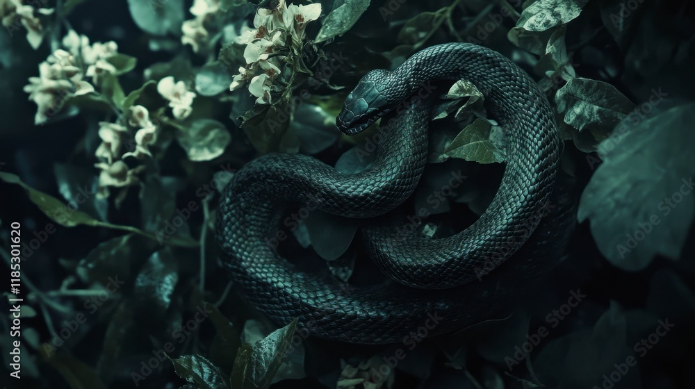Fototapeta premium Dark Green Snake Coiled in Lush Foliage - Mystical Nature