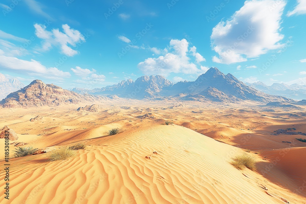 Naklejka premium Vast Desert Landscape with Towering Sand Dunes under Blue Sky, Epic Adventure Scene and Cinematic Horizon