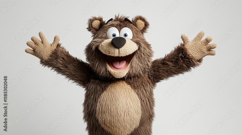 Cheerful Cartoon Bear Character with Outstretched Arms in Playful Pose Against a Light Background for Fun and Engaging Imagery in Children's Content Cheerful Cartoon Bear Character with Outstretched Arms in Playful Pose Against a Light Background for Fun and Engaging Imagery in Children's Content